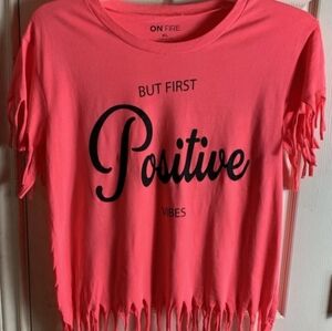 EUC ON FIRE XL HOT PINK'ISH/ CORAL BUT FIRST POSITIVE VIBES DISTRESSED TSHIRT